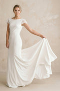 Bateau Neck Lace Cap Sleeve Mermaid Satin Chiffon Dress With Cowl Back - Curvevia