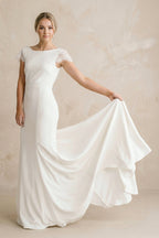Bateau Neck Lace Cap Sleeve Mermaid Satin Chiffon Dress With Cowl Back - Curvevia