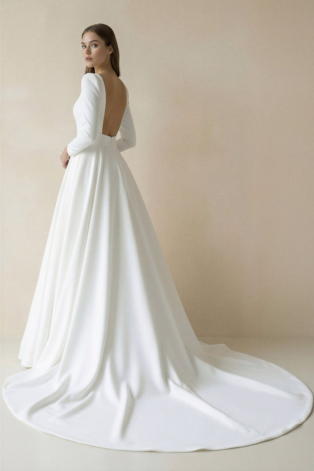 White Vintage A-Line Long Satin Bateau-Neck Wedding Dress - Curvevia