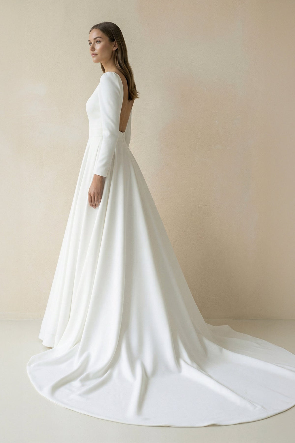 White Vintage A-Line Long Satin Bateau-Neck Wedding Dress - Curvevia