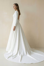 White Vintage A-Line Long Satin Bateau-Neck Wedding Dress - Curvevia