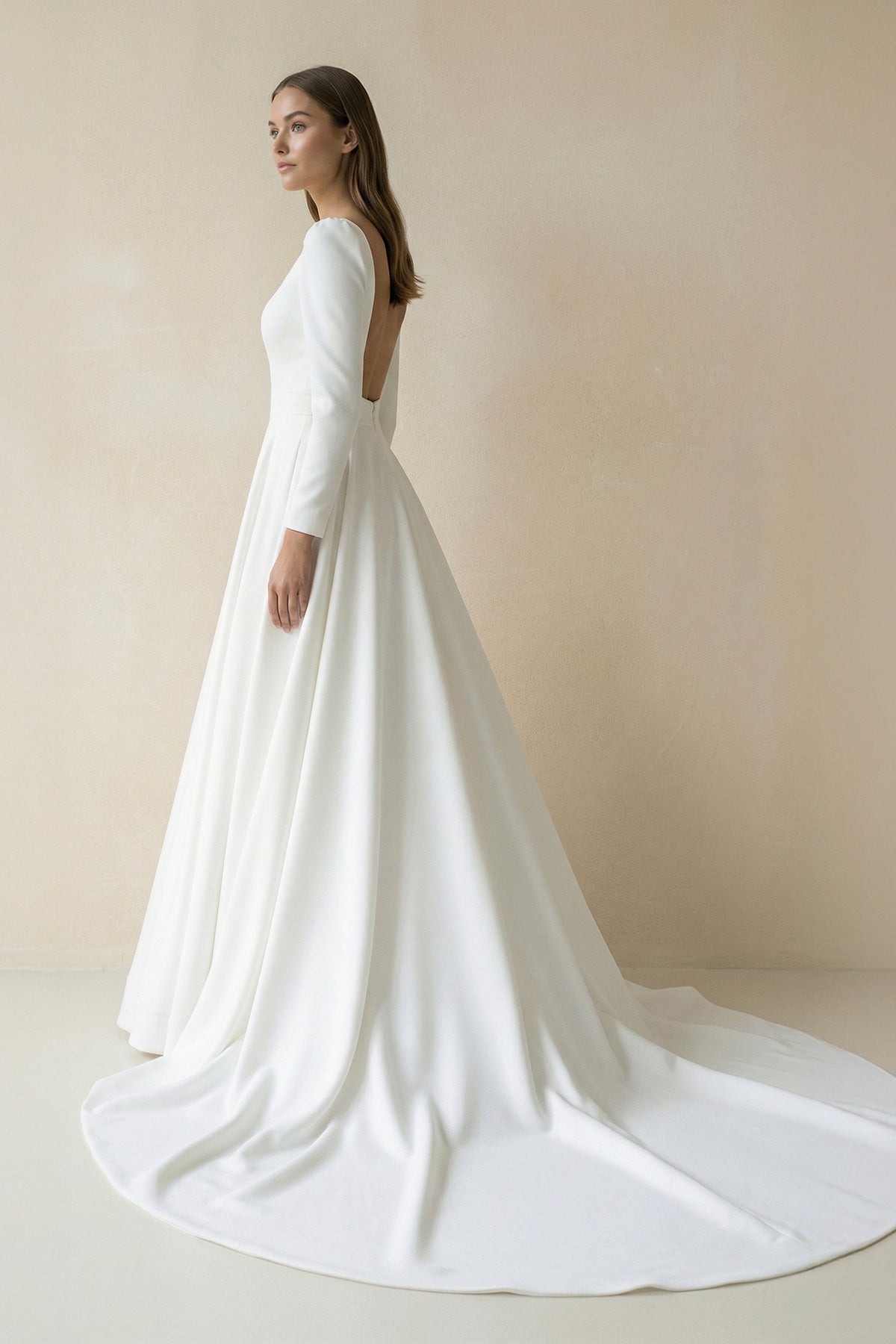 White Vintage A-Line Long Satin Bateau-Neck Wedding Dress - Curvevia