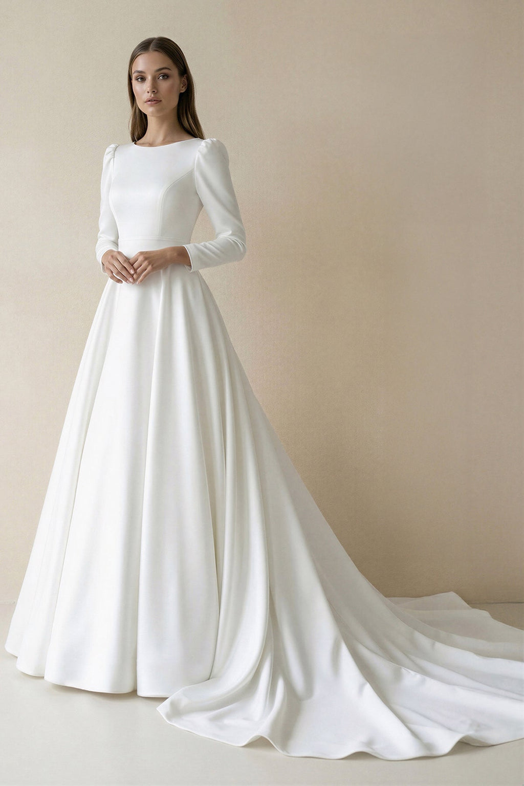 White Vintage A-Line Long Satin Bateau-Neck Wedding Dress - Curvevia
