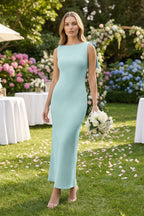 Bateau Neck Sheath Satin Midi Mother of the Bride Dress With Bow in Bleached Aqua - Curvevia