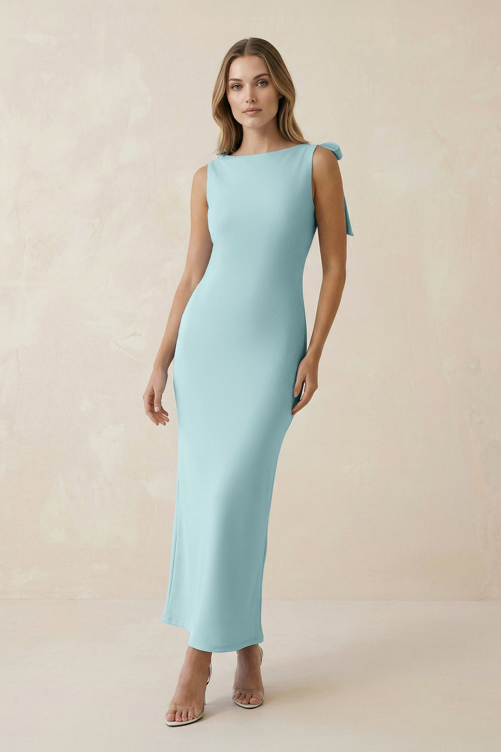 Bateau Neck Sheath Satin Midi Mother of the Bride Dress With Bow in Bleached Aqua - Curvevia