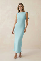 Bateau Neck Sheath Satin Midi Mother of the Bride Dress With Bow in Bleached Aqua - Curvevia