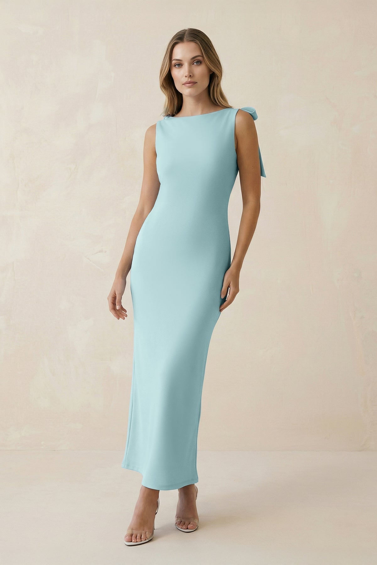 Bateau Neck Sheath Satin Midi Mother of the Bride Dress With Bow in Bleached Aqua - Curvevia