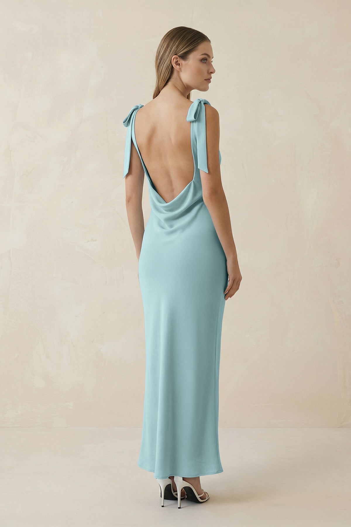 Bateau Neck Sheath Satin Midi Mother of the Bride Dress With Bow in Bleached Aqua - Curvevia