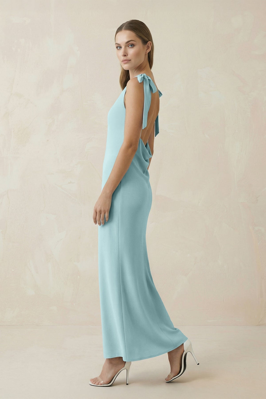 Bateau Neck Sheath Satin Midi Mother of the Bride Dress With Bow in Bleached Aqua - Curvevia