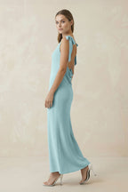 Bateau Neck Sheath Satin Midi Mother of the Bride Dress With Bow in Bleached Aqua - Curvevia