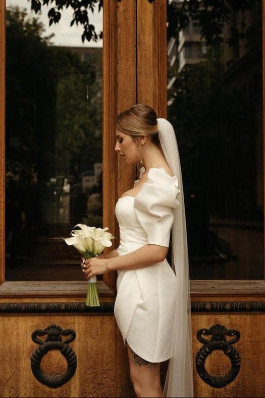 Bodycon Square Neck Satin Short Wedding Dresses with Lantern Sleeves - Curvevia