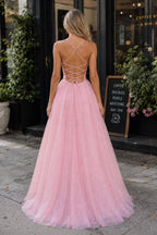Pink Tulle Long Backless Wedding Guest Dress A-Line V Neck Party Dress - Curvevia