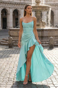 Aqua Spaghetti Straps Sheath Satin High Low Wedding Guest Dress With Ruffles - Curvevia