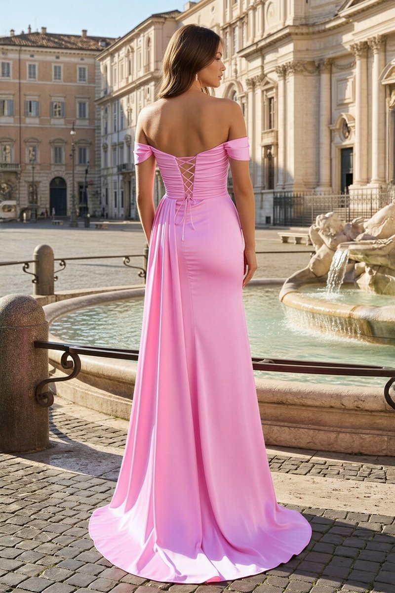 Pink Mermaid Off The Shoulder Satin Beaded Long Prom Dresses With Slit - Curvevia
