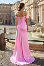 Pink Mermaid Off The Shoulder Satin Beaded Long Prom Dresses With Slit - Curvevia