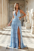Sky Blue A-Line Halter Satin Beaded Long Wedding Guest Dress With Ruffles - Curvevia