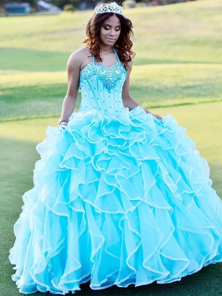 Halter Tulle Ball Gown Quinceanera Dresses With Rhinestones - Curvevia