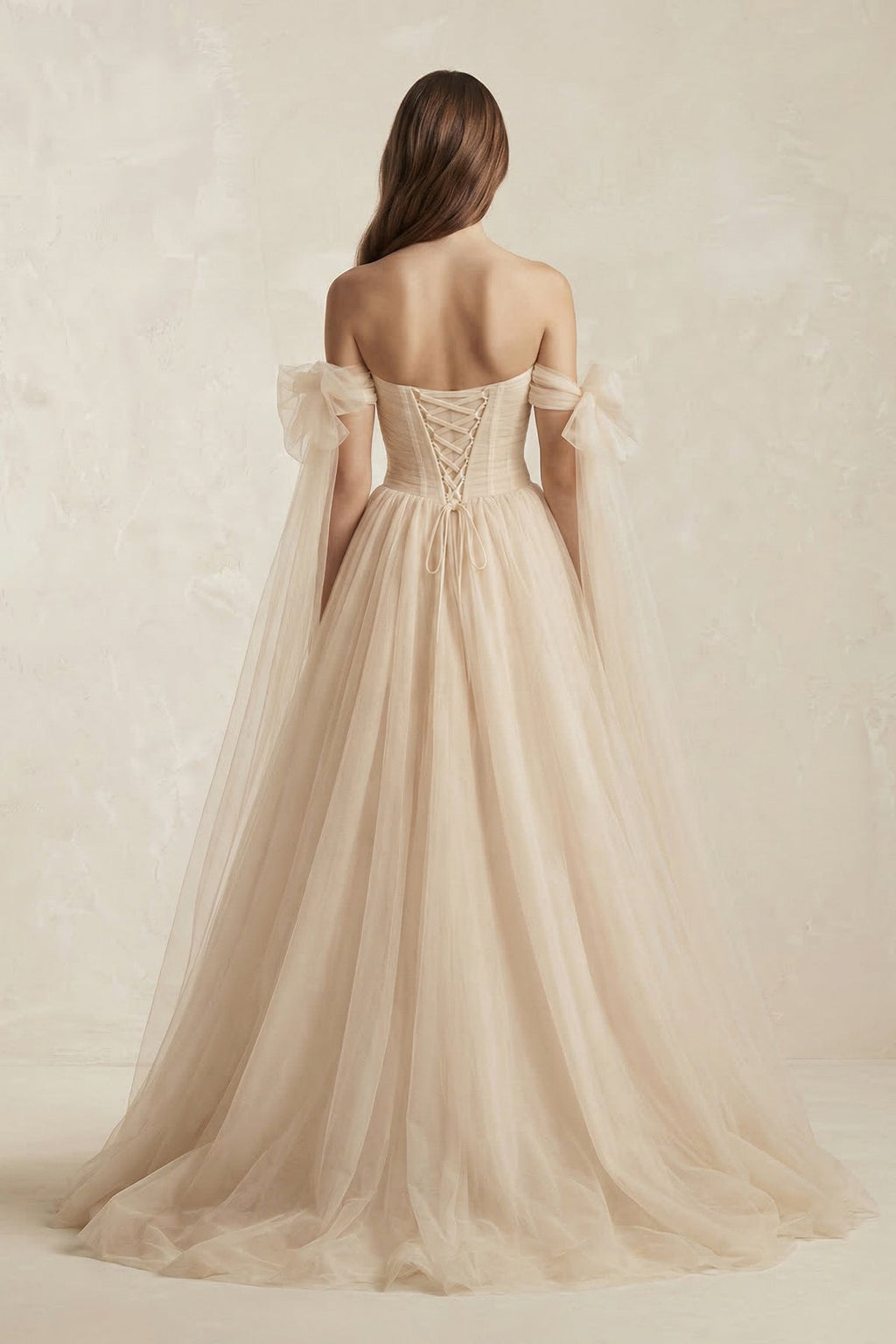 Beach Pleated Tulle Off-The-Shoulder A-Line Wedding Dresses With Slit - Curvevia