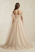 Beach Pleated Tulle Off-The-Shoulder A-Line Wedding Dresses With Slit - Curvevia