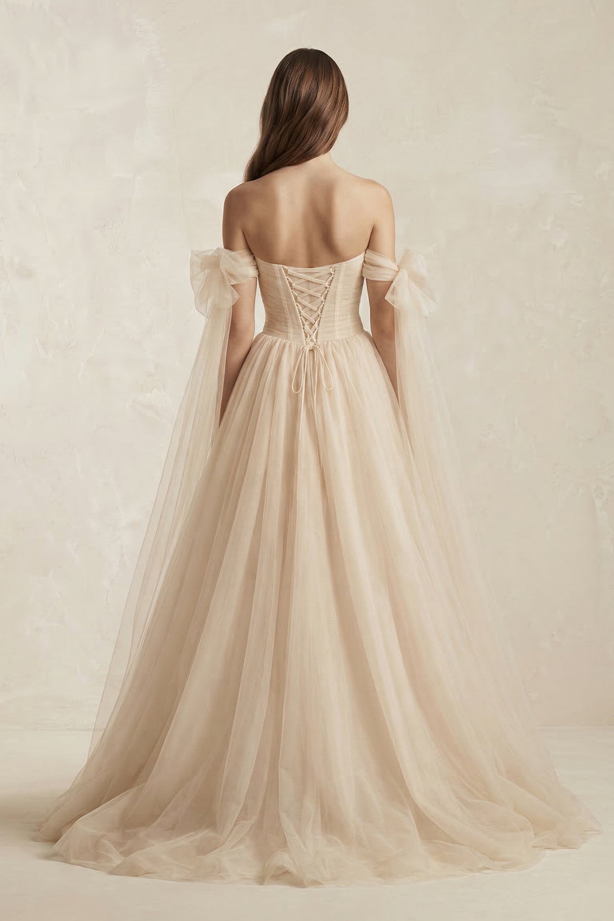 Beach Pleated Tulle Off-The-Shoulder A-Line Wedding Dresses With Slit - Curvevia