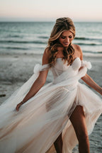 Beach Pleated Tulle Off-The-Shoulder A-Line Wedding Dresses With Slit - Curvevia