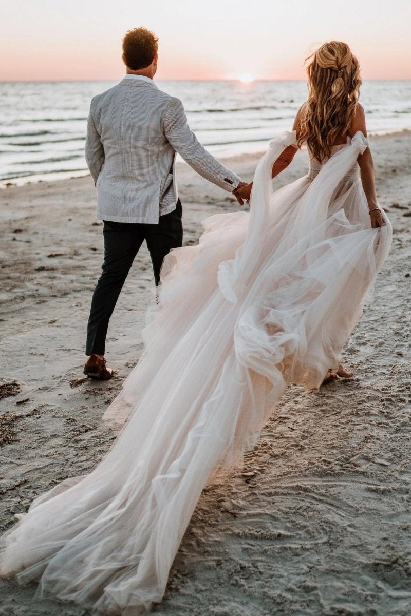 Beach Pleated Tulle Off-The-Shoulder A-Line Wedding Dresses With Slit - Curvevia