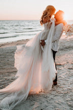 Beach Pleated Tulle Off-The-Shoulder A-Line Wedding Dresses With Slit - Curvevia