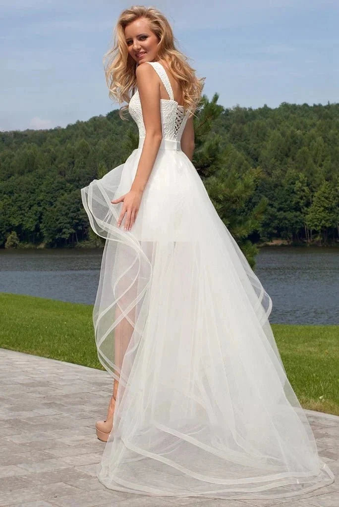 Beach Short Sweetheart Detachable Lace Wedding Dress With Tied Back - Curvevia