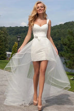 Beach Short Sweetheart Detachable Lace Wedding Dress With Tied Back - Curvevia