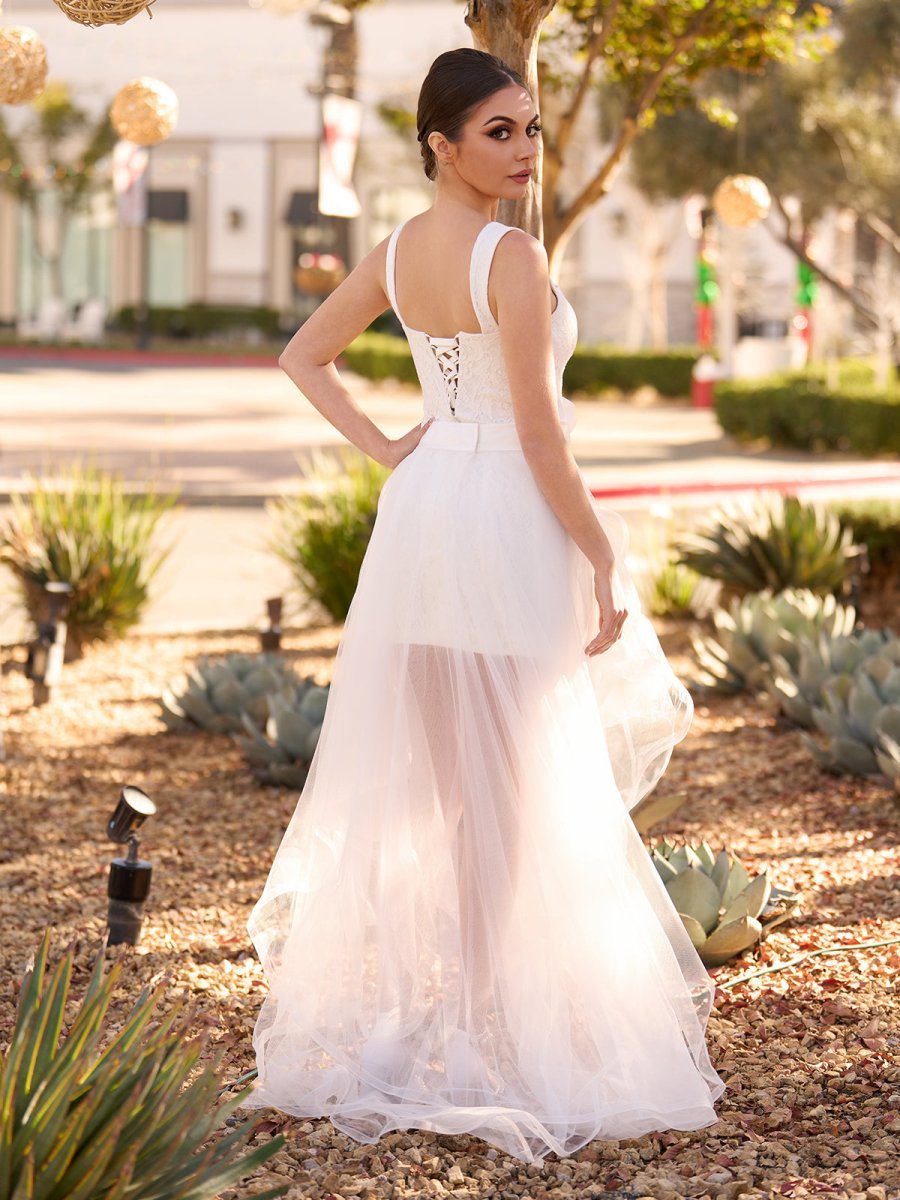 Beach Short Sweetheart Detachable Lace Wedding Dress With Tied Back - Curvevia
