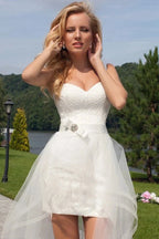 Beach Short Sweetheart Detachable Lace Wedding Dress With Tied Back - Curvevia