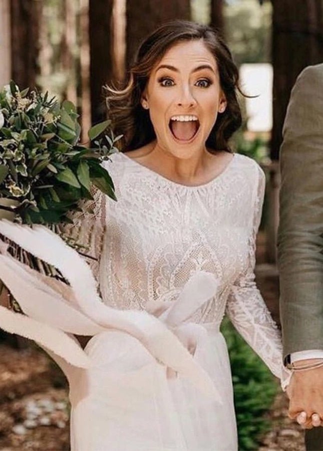 Beach Gorgeous Lace A-Line Appliqued Open Back Wedding Dress With Long Sleeves - Curvevia