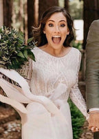 Beach Gorgeous Lace A-Line Appliqued Open Back Wedding Dress With Long Sleeves - Curvevia
