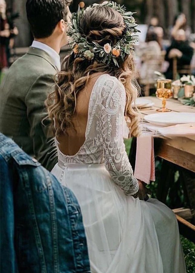 Beach Gorgeous Lace A-Line Appliqued Open Back Wedding Dress With Long Sleeves - Curvevia