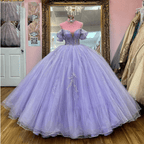 Lavender Off The Shoulder Beaded Tulle Quinceanera Dresses With Appliques - Curvevia