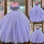 Lavender Off The Shoulder Beaded Tulle Quinceanera Dresses With Appliques - Curvevia
