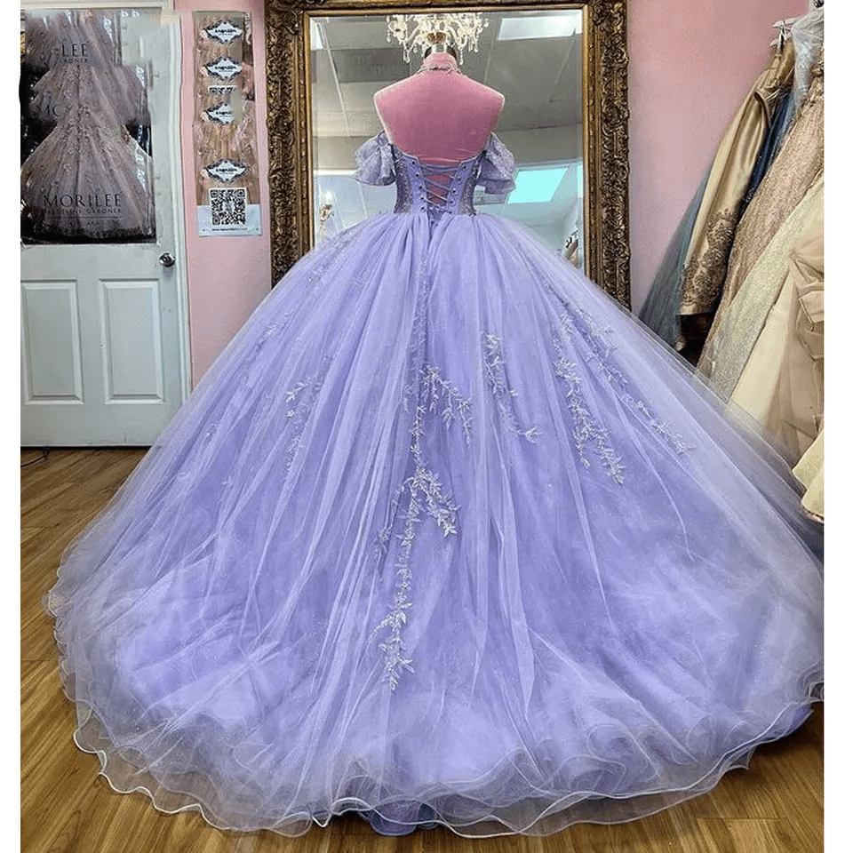 Lavender Off The Shoulder Beaded Tulle Quinceanera Dresses With Appliques - Curvevia