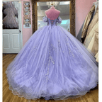 Lavender Off The Shoulder Beaded Tulle Quinceanera Dresses With Appliques - Curvevia