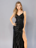 Sheath Spaghetti Straps Black Satin Long Prom Dresses with Lace Appliques - Curvevia
