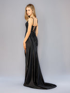 Sheath Spaghetti Straps Black Satin Long Prom Dresses with Lace Appliques - Curvevia