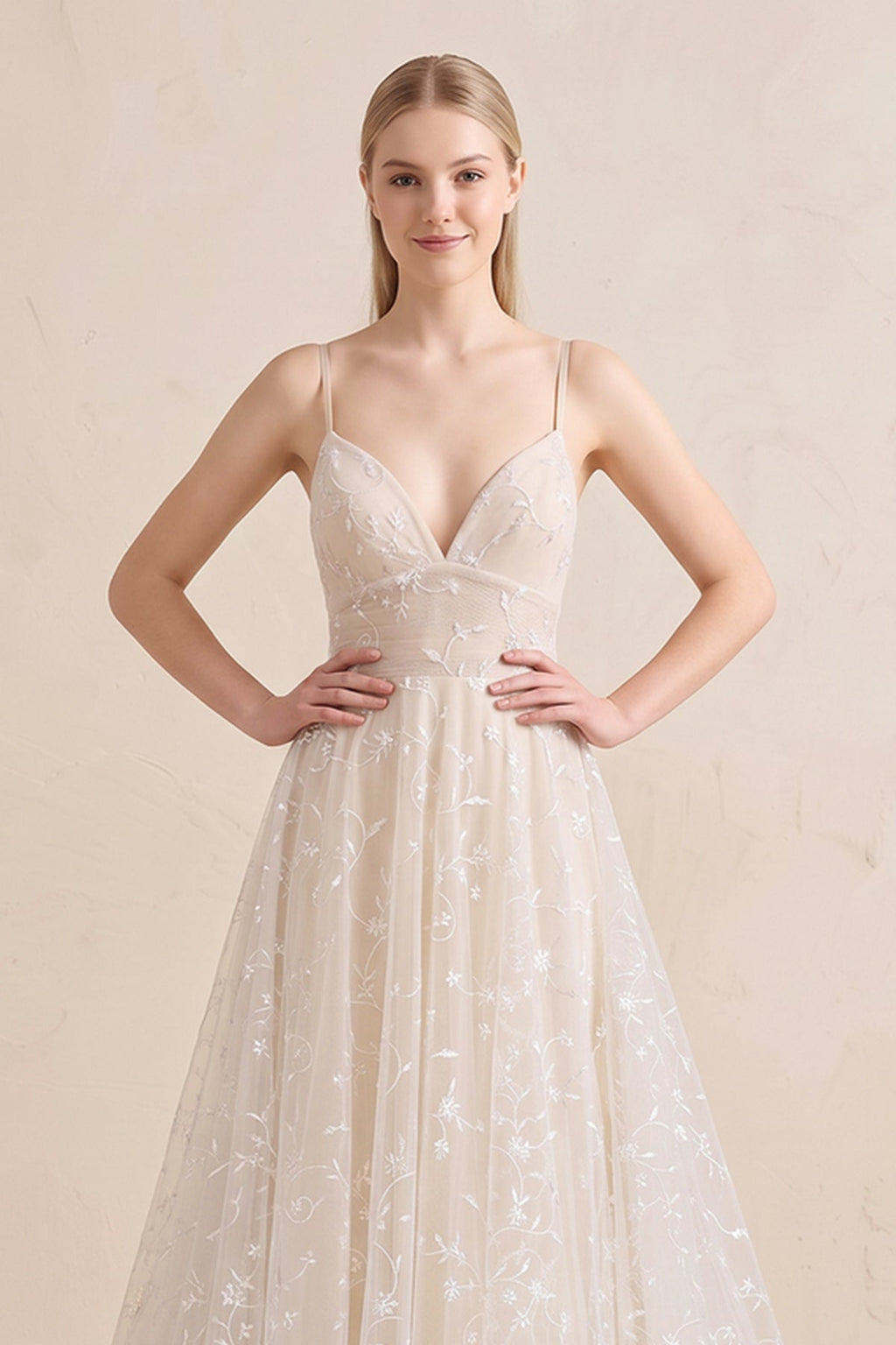 Beautiful A Line Spaghetti Straps Light Champagne Wedding Dress - Curvevia