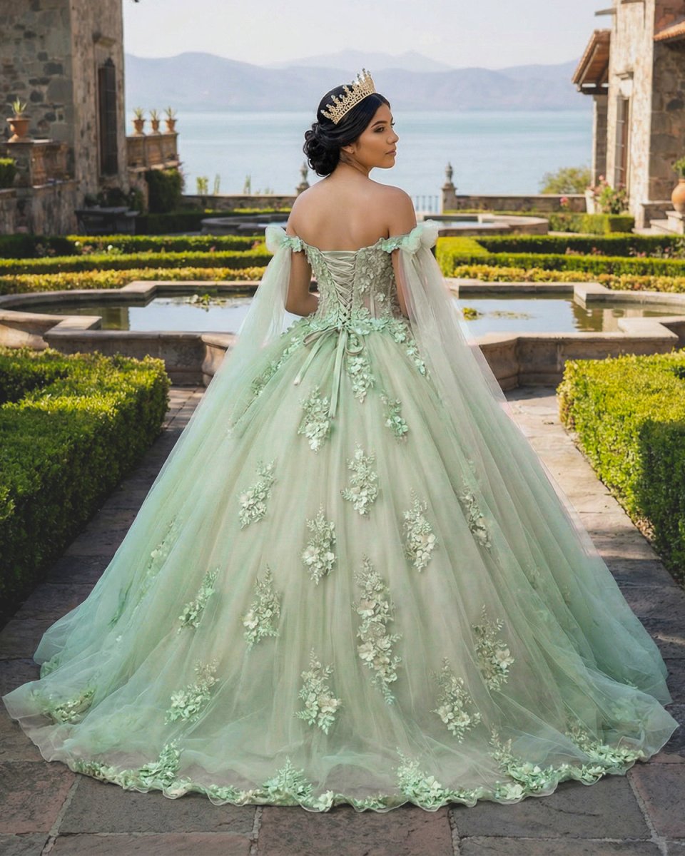 Ball Gown Tulle Off The Shoulder Sage Green Quinceanera Dress - Curvevia