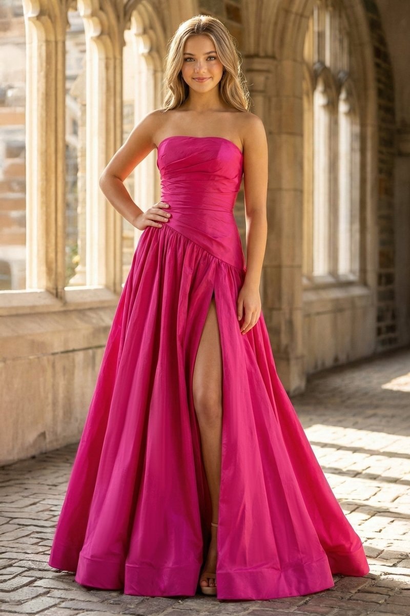 Fuchsia Strapless Taffeta A-line Long Evening Dress - Curvevia