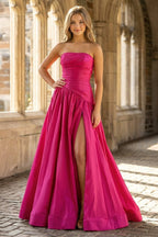 Fuchsia Strapless Taffeta A-line Long Evening Dress - Curvevia