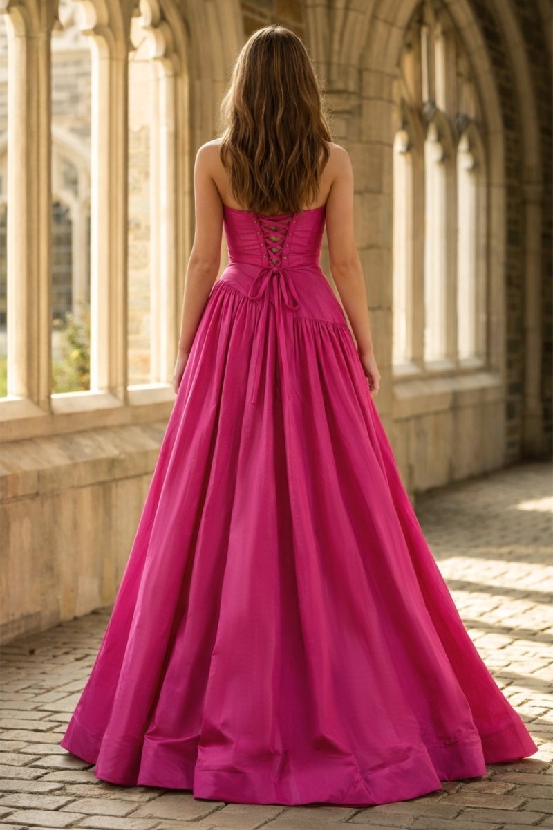Fuchsia Strapless Taffeta A-line Long Evening Dress - Curvevia