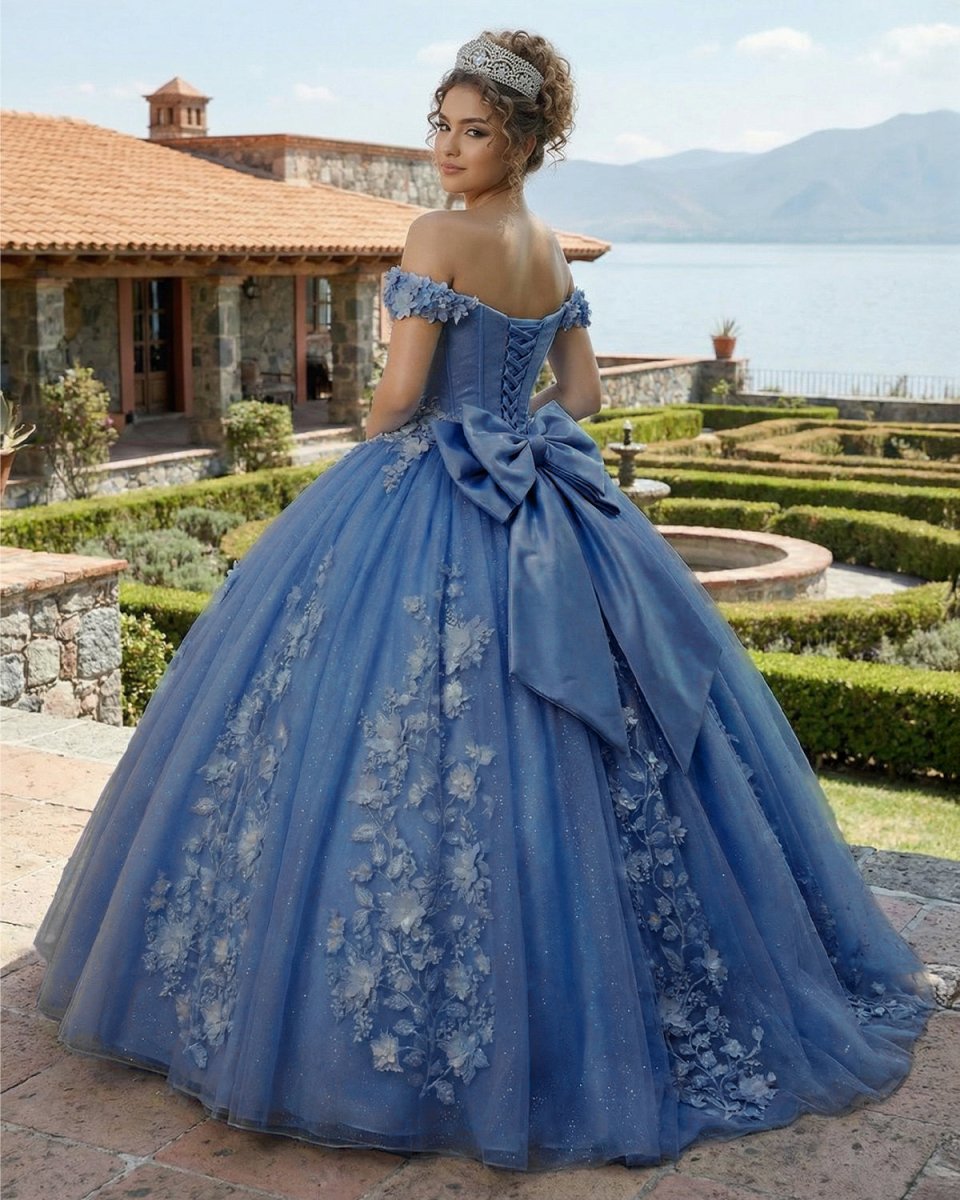 Big Bow Floral Flower Lace Applique Off Shoulder Ball Gown Quinceanera Dresses - Curvevia