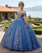 Big Bow Floral Flower Lace Applique Off Shoulder Ball Gown Quinceanera Dresses - Curvevia