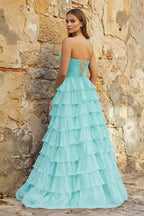 Sweetheart Blue Chiffon Tiered A-line Prom Dresses - Curvevia