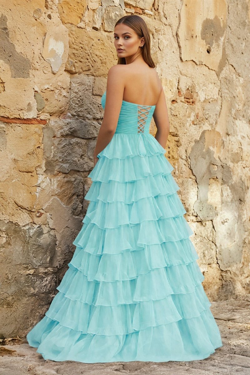 Sweetheart Blue Chiffon Tiered A-line Prom Dresses - Curvevia