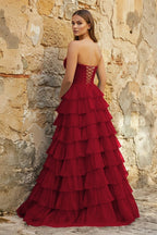 Sweetheart Blue Chiffon Tiered A-line Prom Dresses - Curvevia
